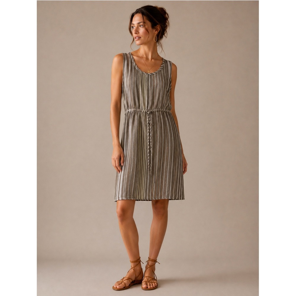 FLAX 100% European Linen Striped Midi Dress Small Earthy Lagenlook Coastal Chic